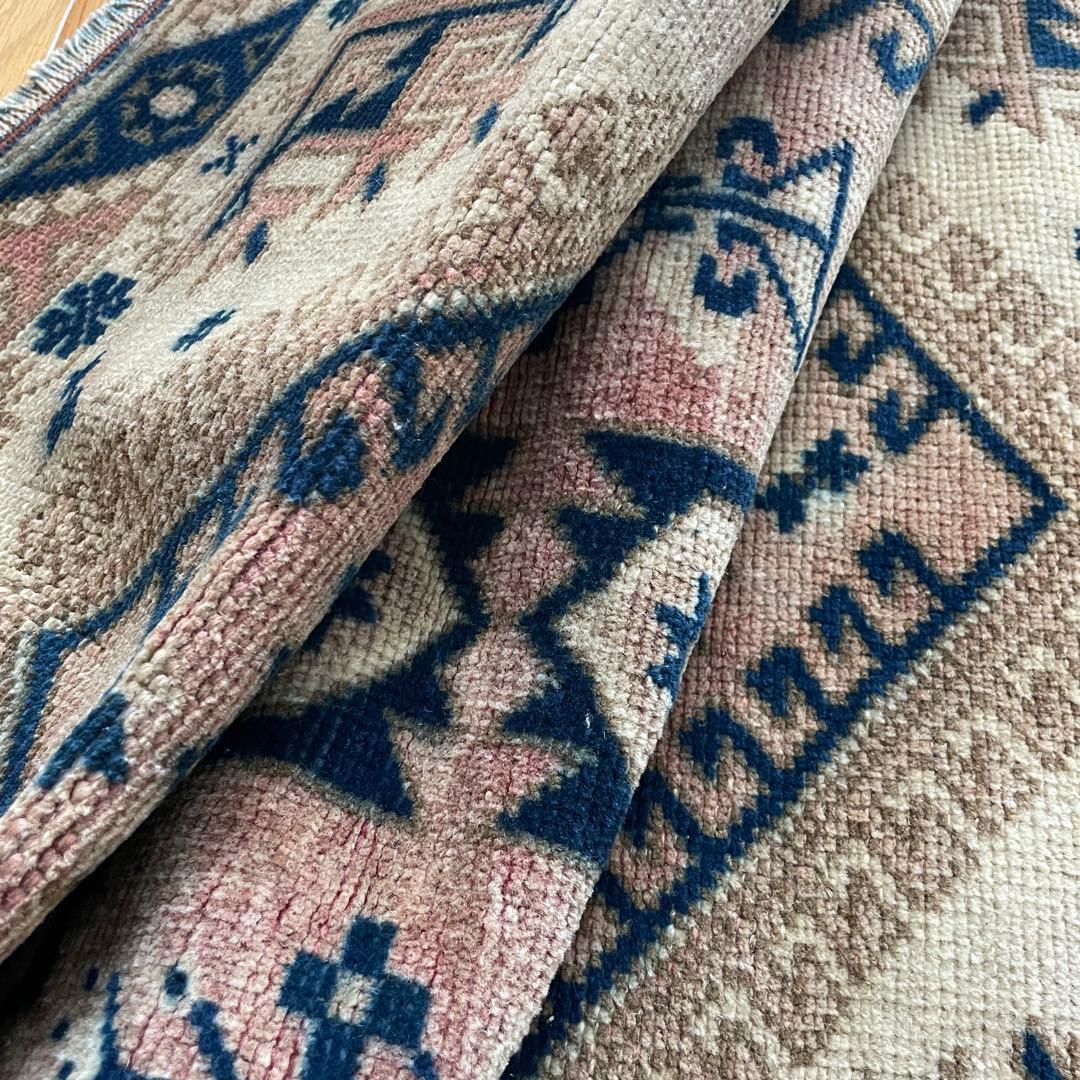 115×72cm ◇トルコヴィンテージラグ　ブラウン615　ブルー　幾何学模様