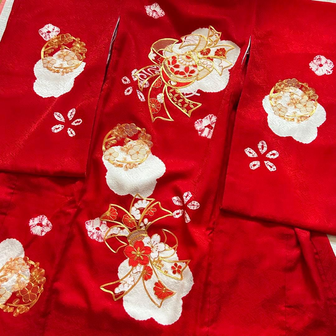 お宮参り 産着 絹 絞り 金駒刺繍 赤 子供着物 花 女の子 祝い着 赤ちゃん