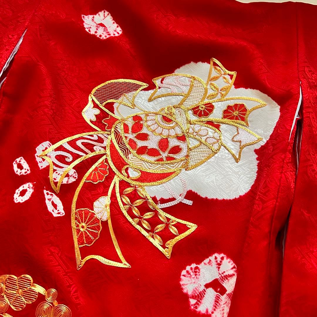 お宮参り 産着 絹 絞り 金駒刺繍 赤 子供着物 花 女の子 祝い着 赤ちゃん
