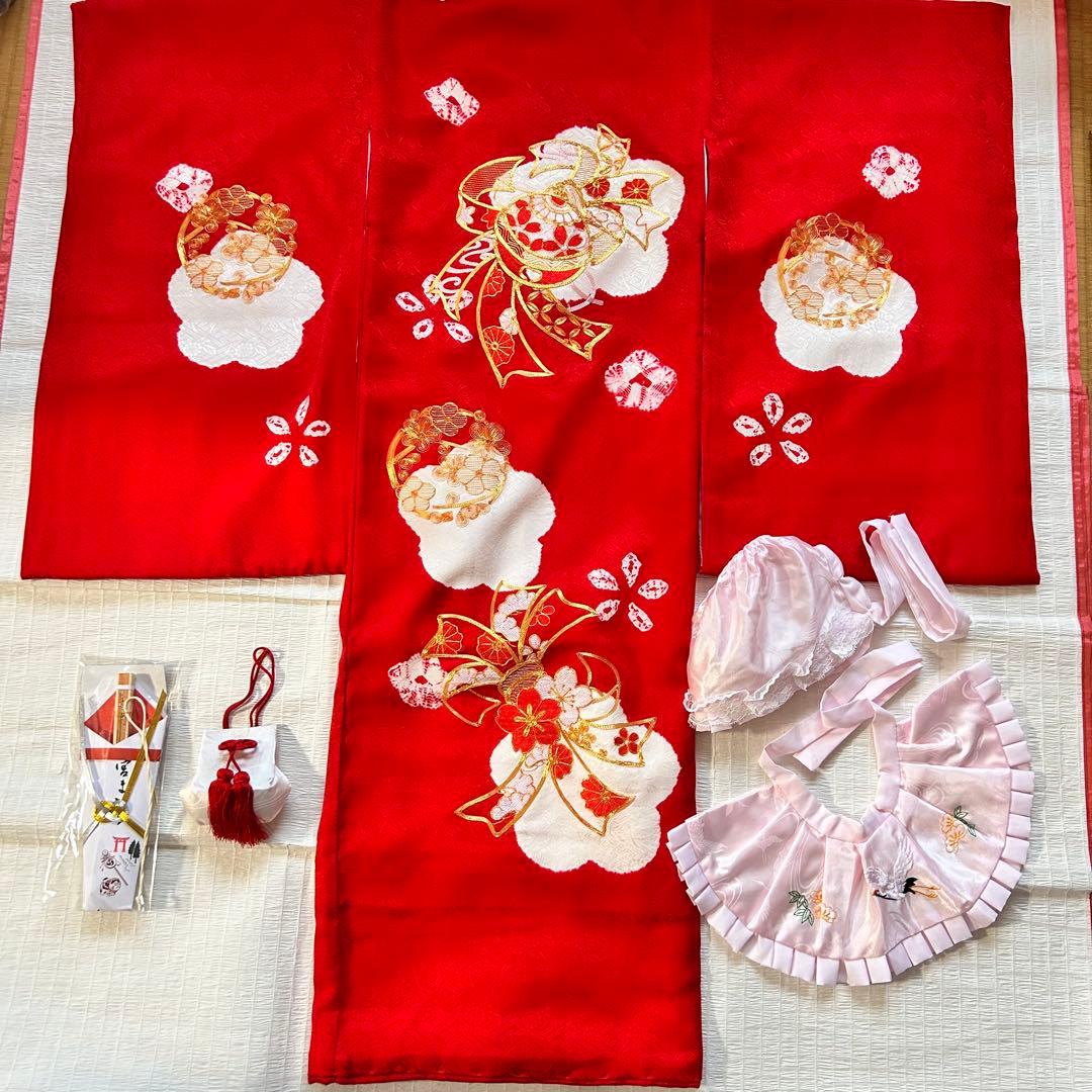 お宮参り 産着 絹 絞り 金駒刺繍 赤 子供着物 花 女の子 祝い着 赤ちゃん