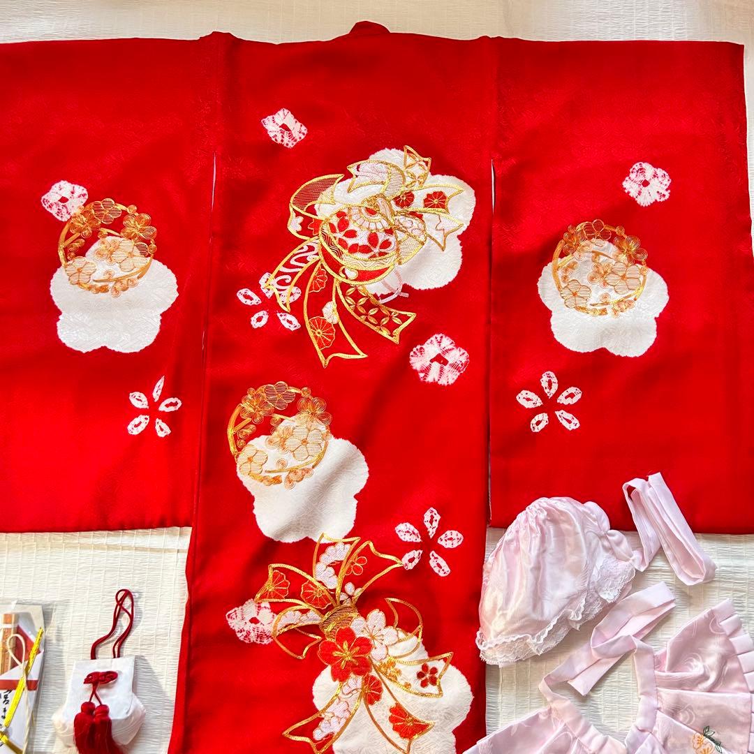 お宮参り 産着 絹 絞り 金駒刺繍 赤 子供着物 花 女の子 祝い着 赤ちゃん