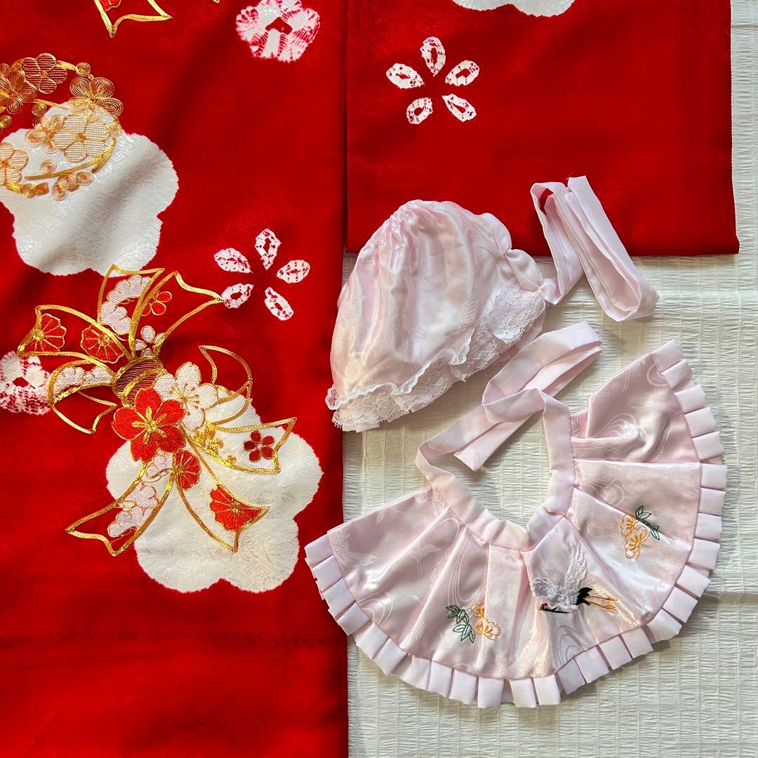 お宮参り 産着 絹 絞り 金駒刺繍 赤 子供着物 花 女の子 祝い着 赤ちゃん
