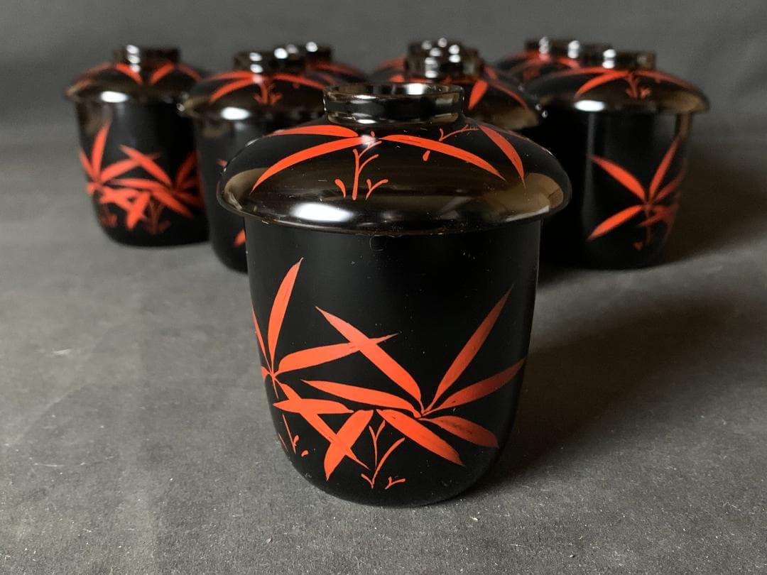 輪島塗 塩安製 朱竹文 天然木 黒塗 箸洗 小吸物椀 10客 共箱 茶懐石道具