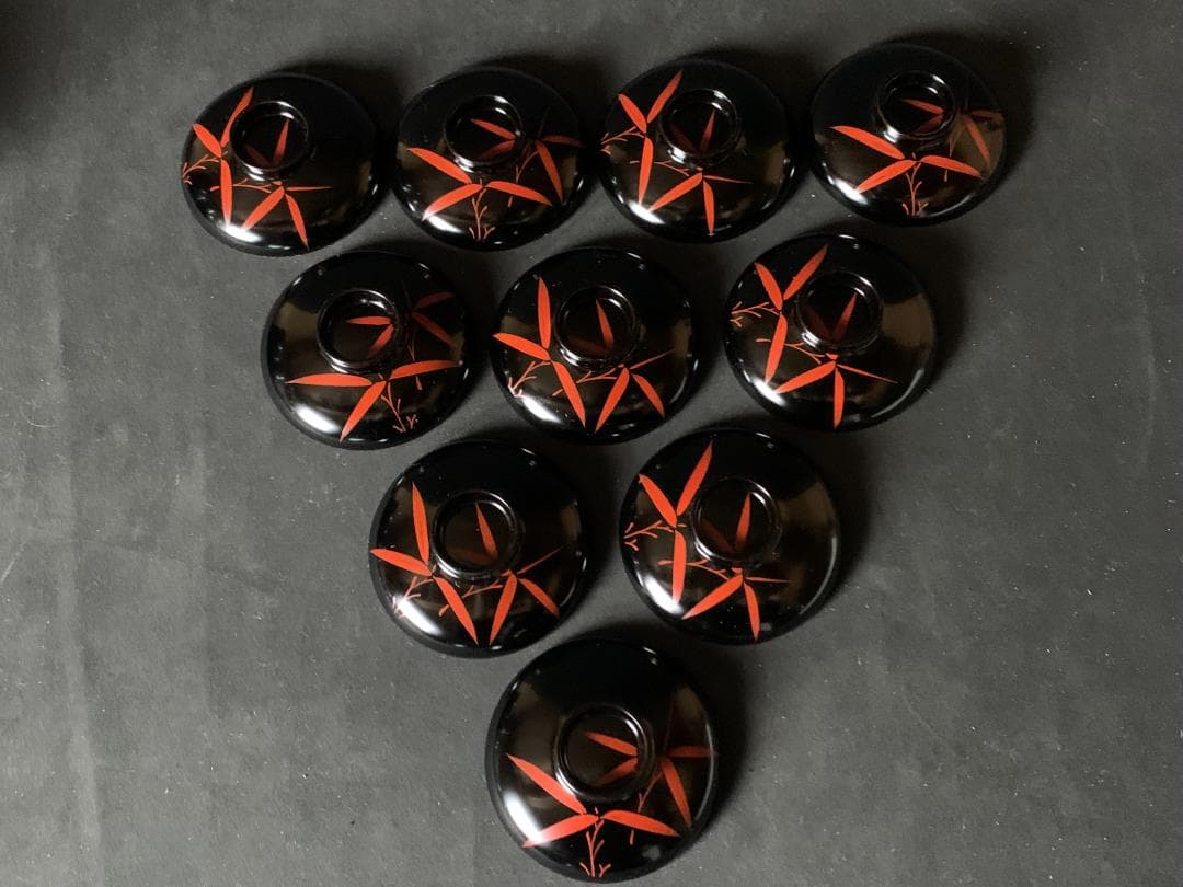 輪島塗 塩安製 朱竹文 天然木 黒塗 箸洗 小吸物椀 10客 共箱 茶懐石道具