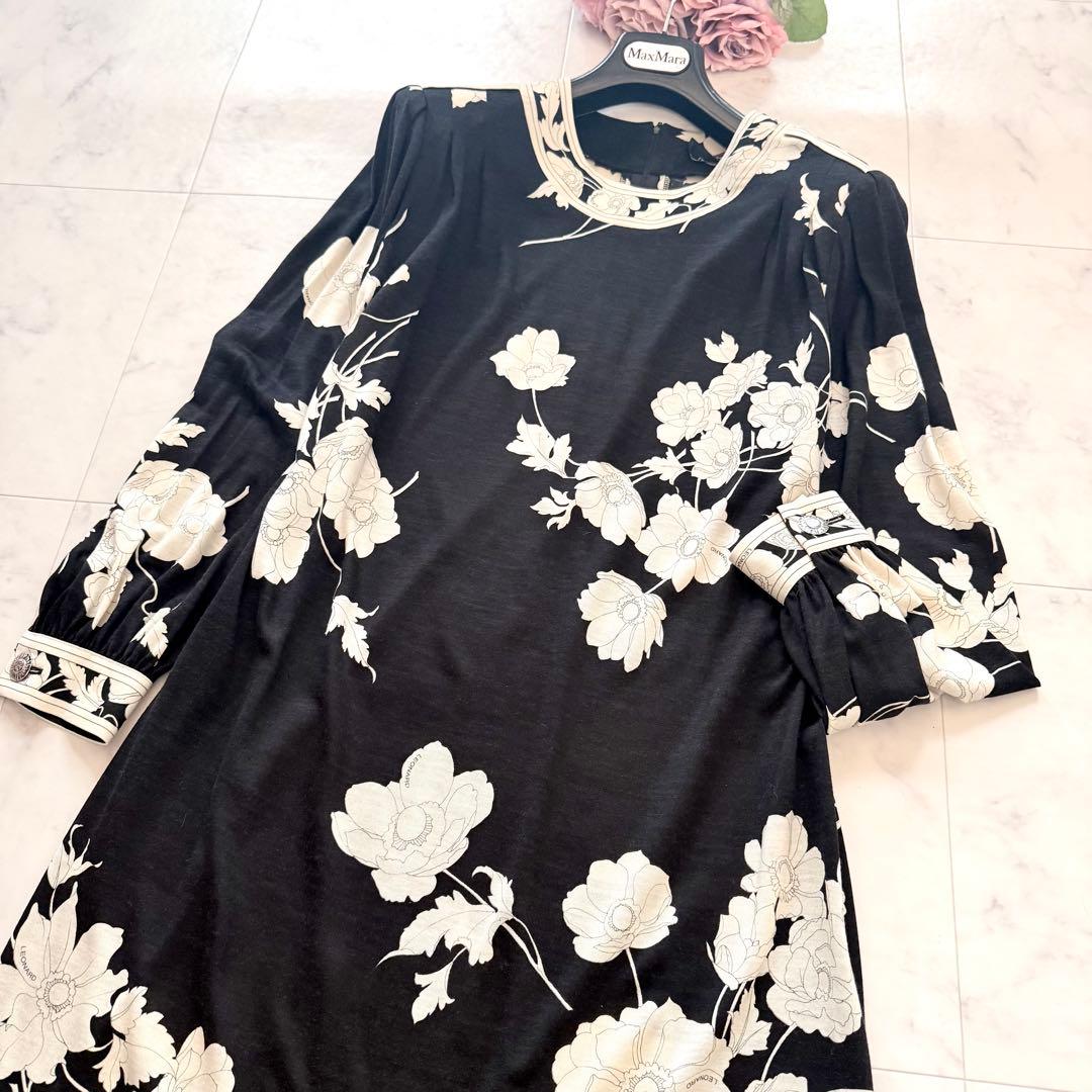 美品★レオナール シルクウール ロングワンピース 花柄トリム ブラック XL相当