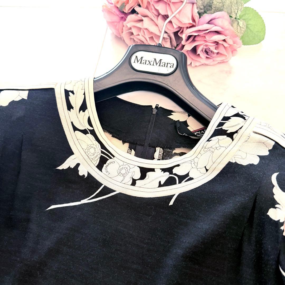 美品★レオナール シルクウール ロングワンピース 花柄トリム ブラック XL相当