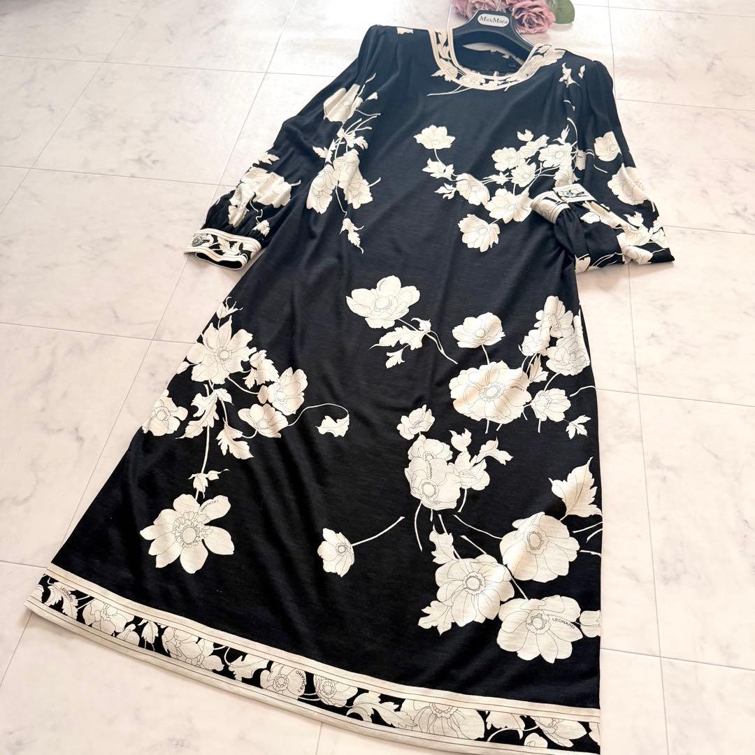 美品★レオナール シルクウール ロングワンピース 花柄トリム ブラック XL相当
