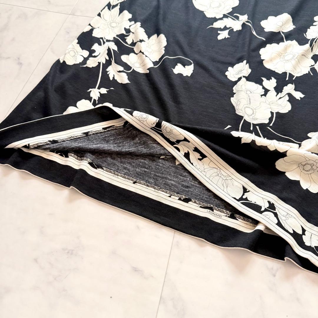 美品★レオナール シルクウール ロングワンピース 花柄トリム ブラック XL相当