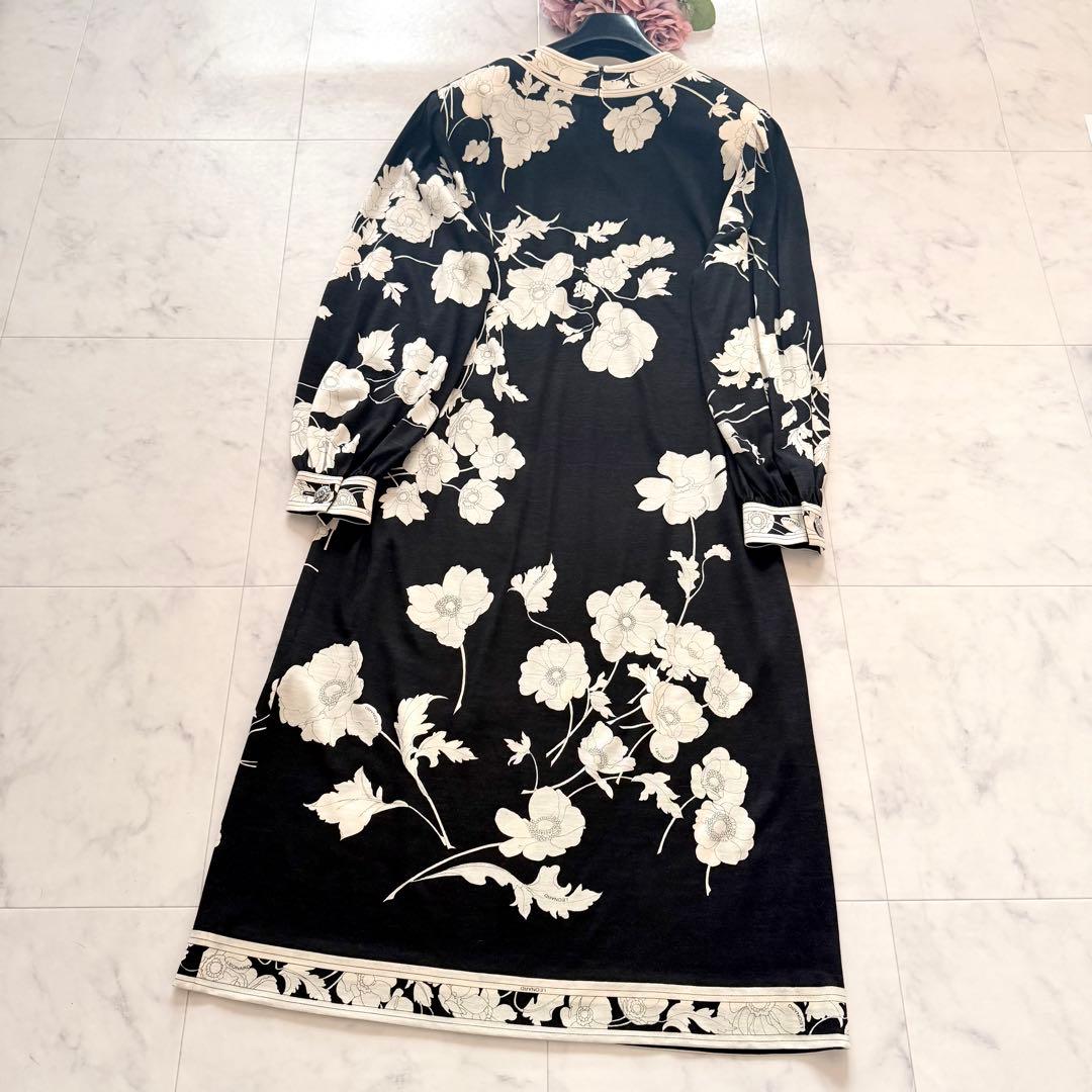 美品★レオナール シルクウール ロングワンピース 花柄トリム ブラック XL相当