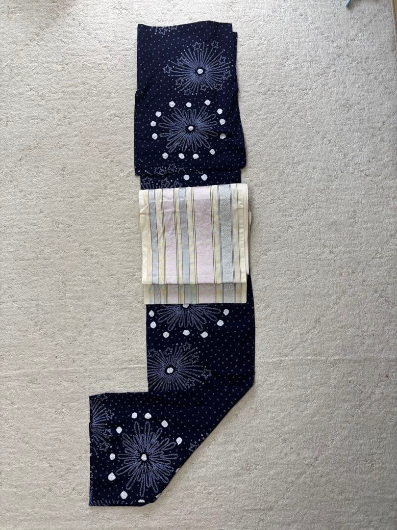 絞り浴衣　単品　藍色　花火と星模様 やまと　綿　高級浴衣