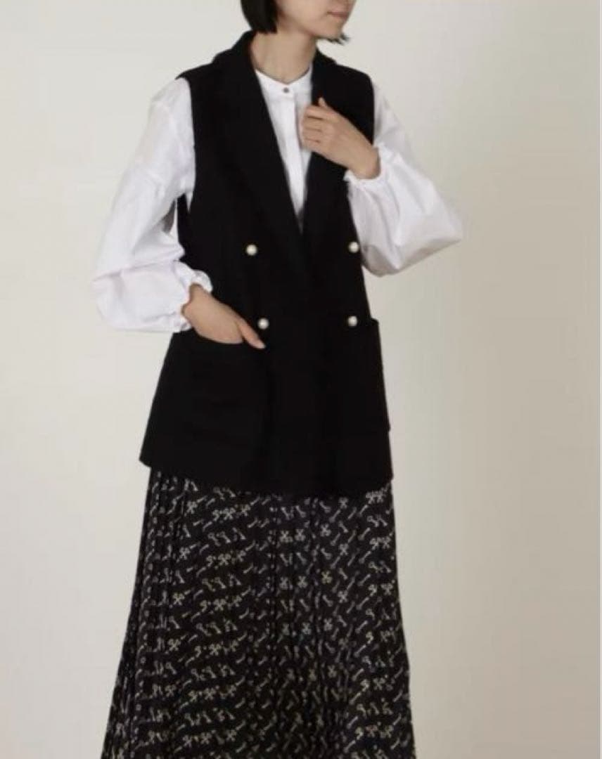 【美品】✨ アナイ チェック ツイード フリンジ ジレ パール 黒 34