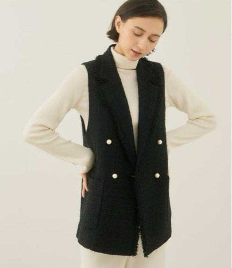 【美品】✨ アナイ チェック ツイード フリンジ ジレ パール 黒 34