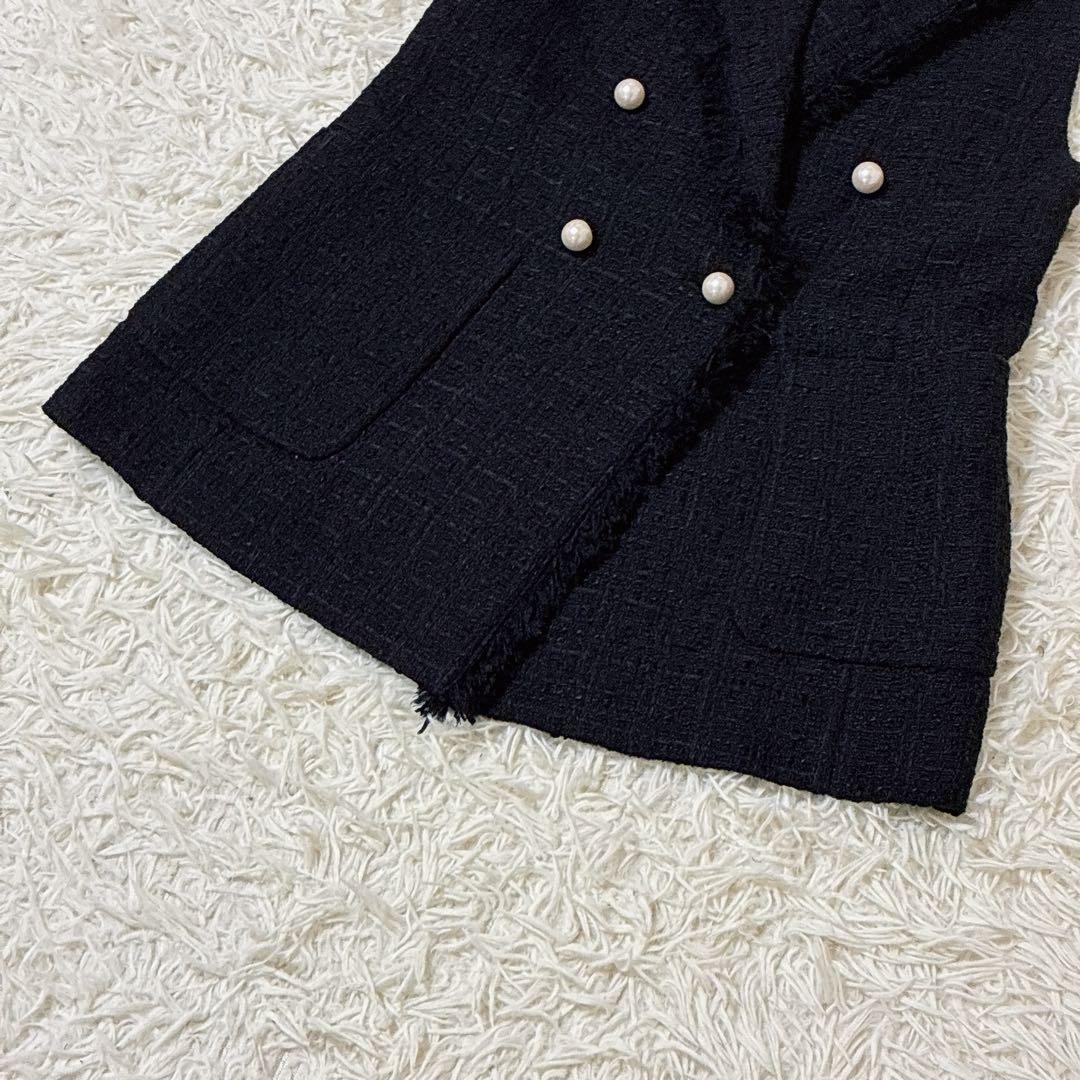 【美品】✨ アナイ チェック ツイード フリンジ ジレ パール 黒 34