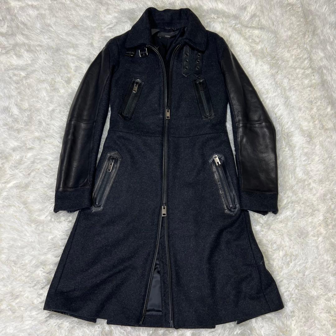 【美品✨️】DIESEL　大人気ライダースロングコート　ゴートレザー×ウール