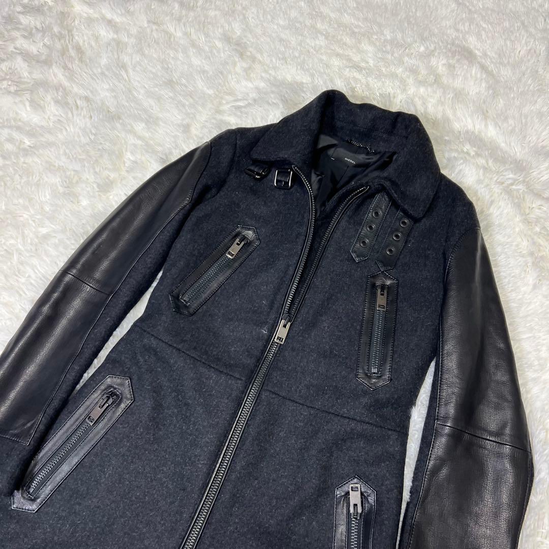 【美品✨️】DIESEL　大人気ライダースロングコート　ゴートレザー×ウール