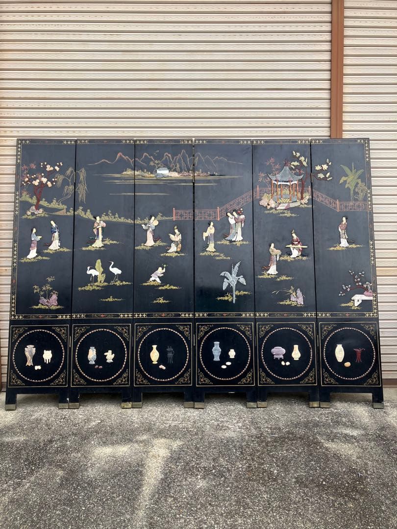 ■中国美術■衝立/パーテーション■玉/螺鈿■6曲/6連■ 現状渡し