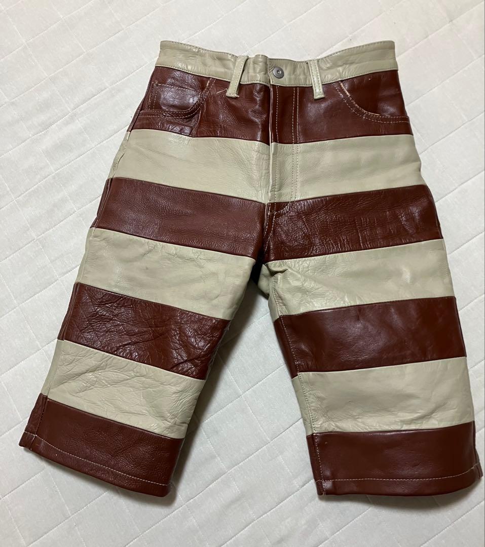 DEAD STREAM 本革 プリズナーハーフパンツ Lサイズ 茶色xベージュ