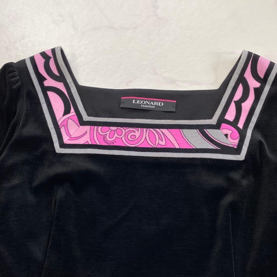 美品★LEONARD 膝丈ワンピース 5分袖 カンカン素材 ベロア 38