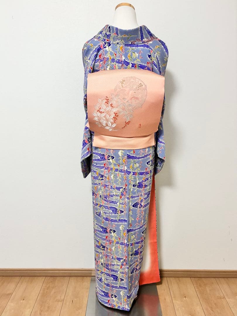 セット　小紋雪持ち柳と流水＋名古屋帯紅白南天