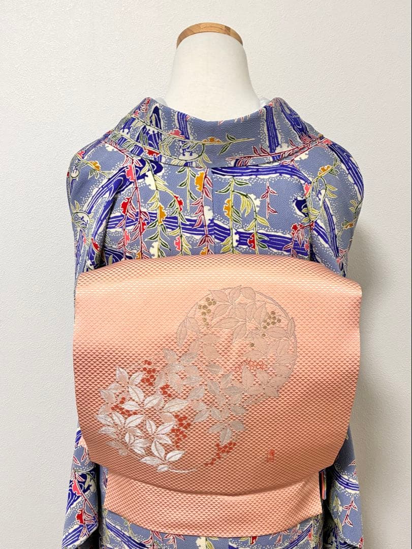 セット　小紋雪持ち柳と流水＋名古屋帯紅白南天