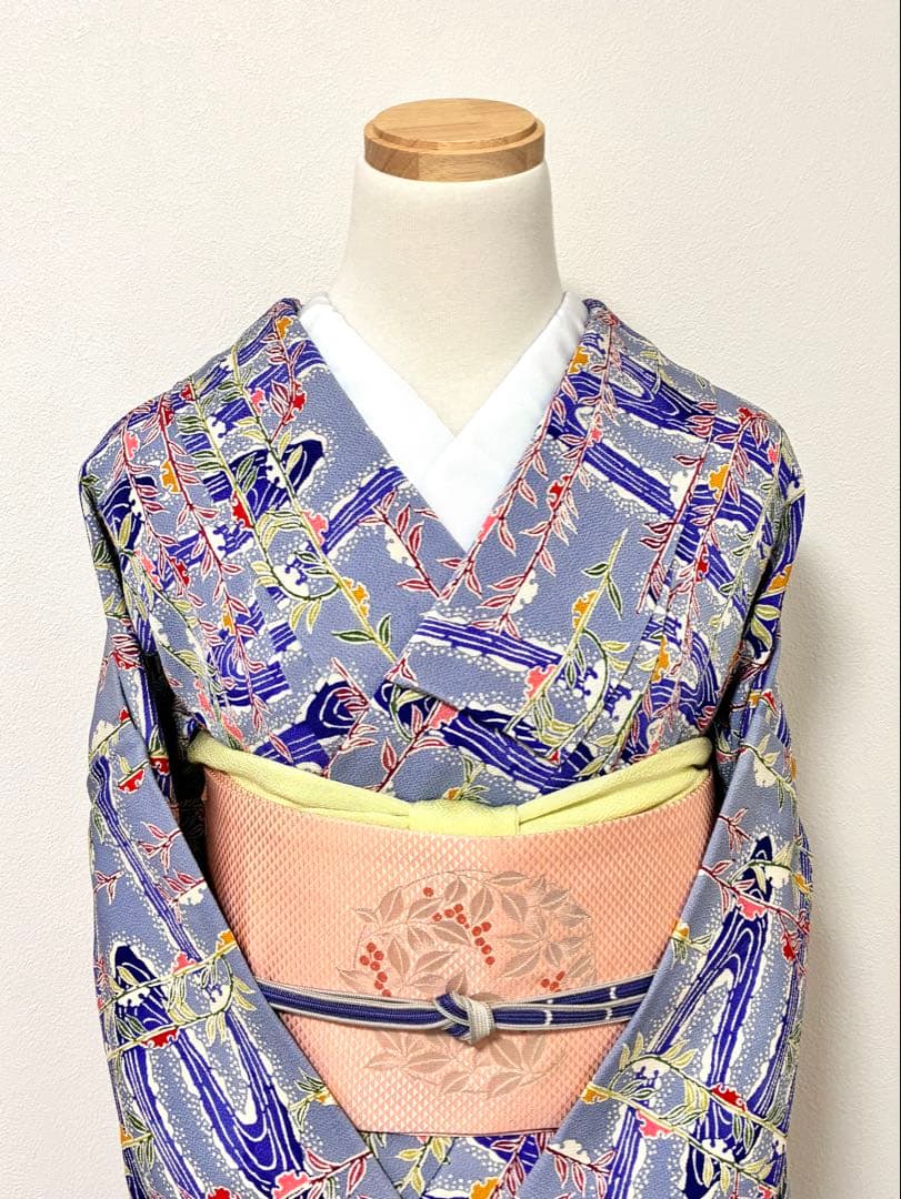 セット　小紋雪持ち柳と流水＋名古屋帯紅白南天