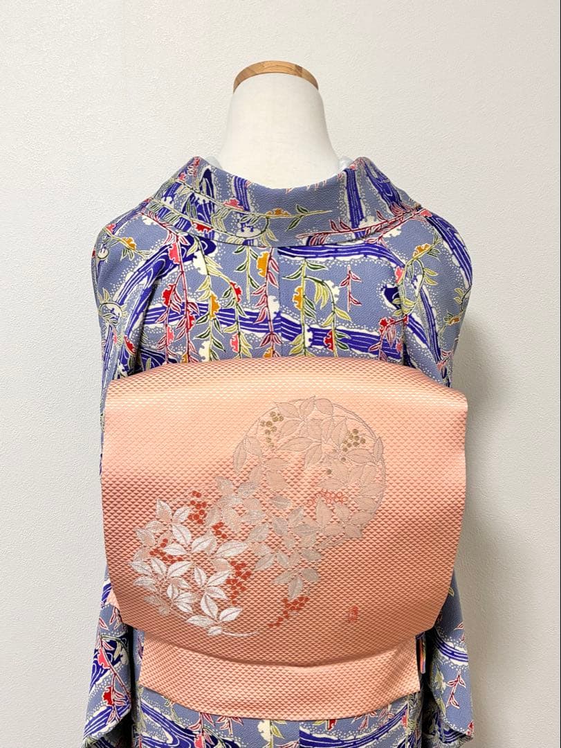 セット　小紋雪持ち柳と流水＋名古屋帯紅白南天