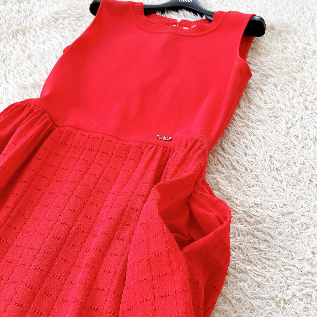 ルネ 2023 ノースリーブニットワンピース フレア パールロゴプレート 赤36