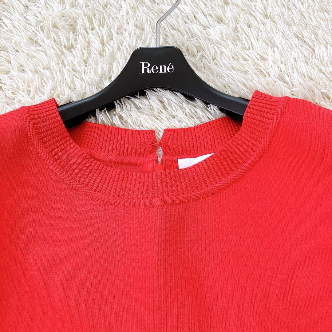 ルネ 2023 ノースリーブニットワンピース フレア パールロゴプレート 赤36