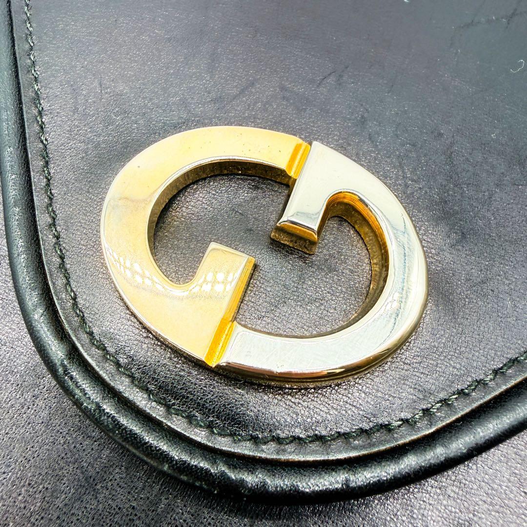 美品◆グッチ ショルダーバッグ G金具 カーフレザー ロゴ金具 ブラック