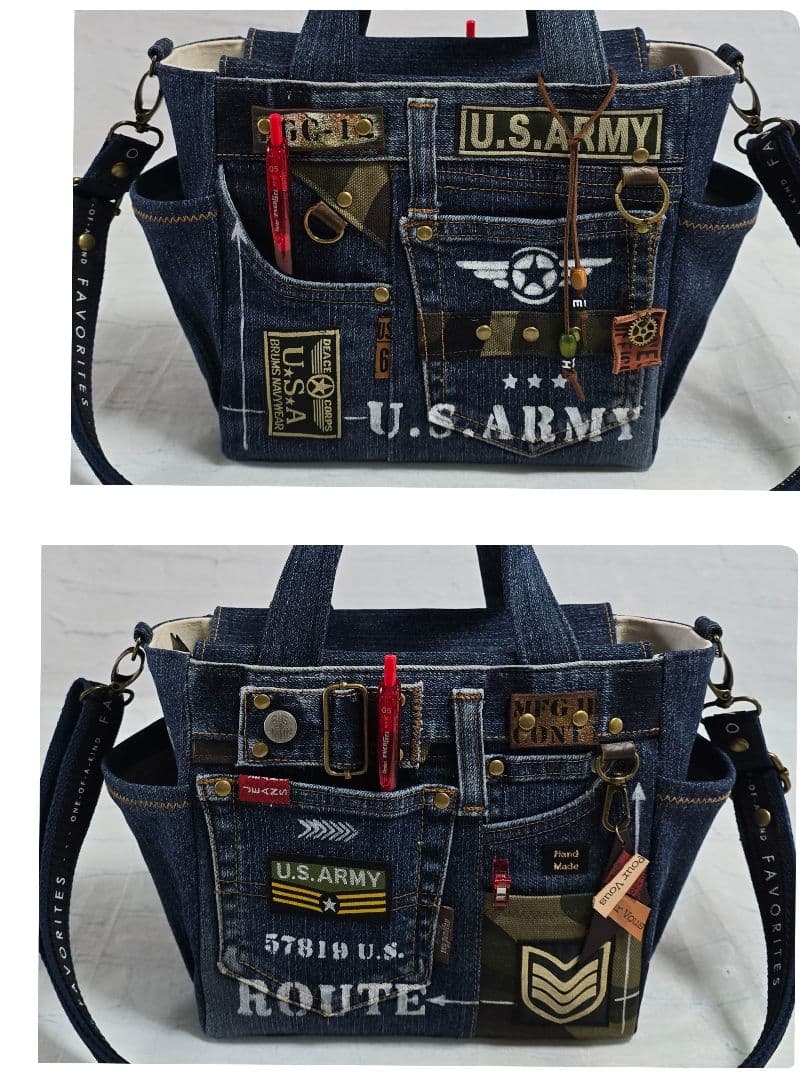デニムリメイクトートバッグ ◆底板 ◆ショルダー紐 ◆ファスナー付き ◆ポーチ