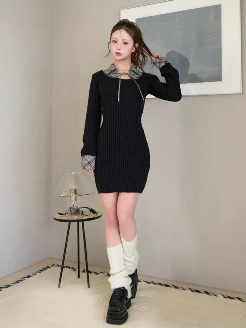 Darich♡レイヤードライクニットミニワンピース (BLK・Free)