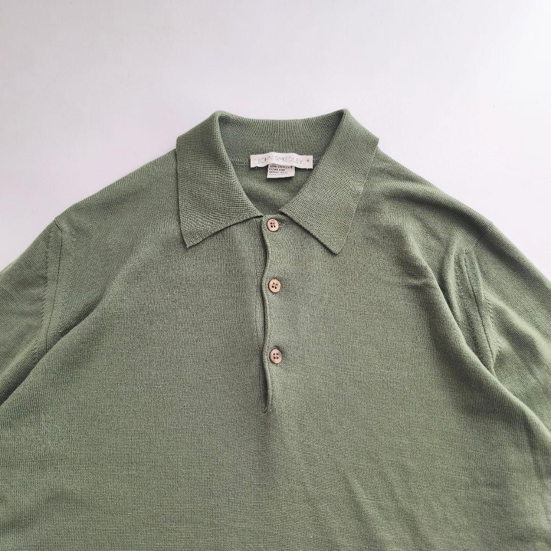 ジョンスメドレー　メリノウール　M ニットポロ　モスグリーン