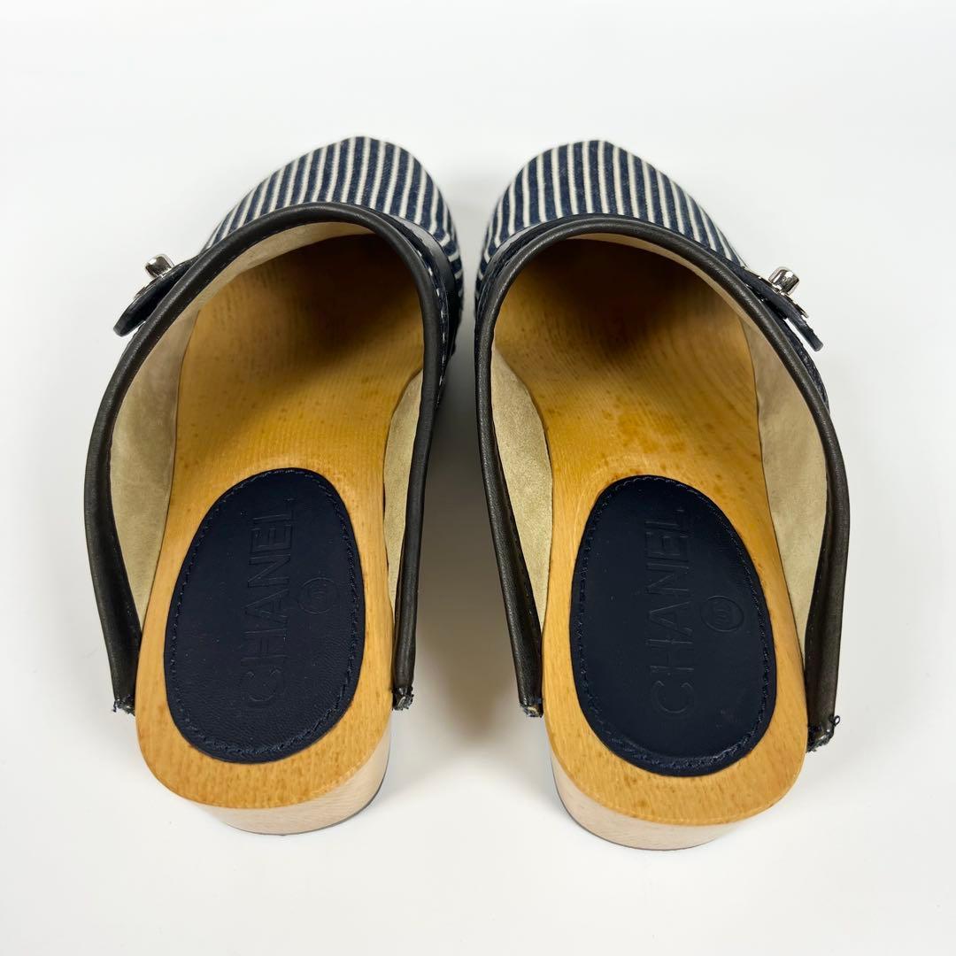 良品CHANEL シャネル サボサンダル ストライプ 36 マリン ネイビー