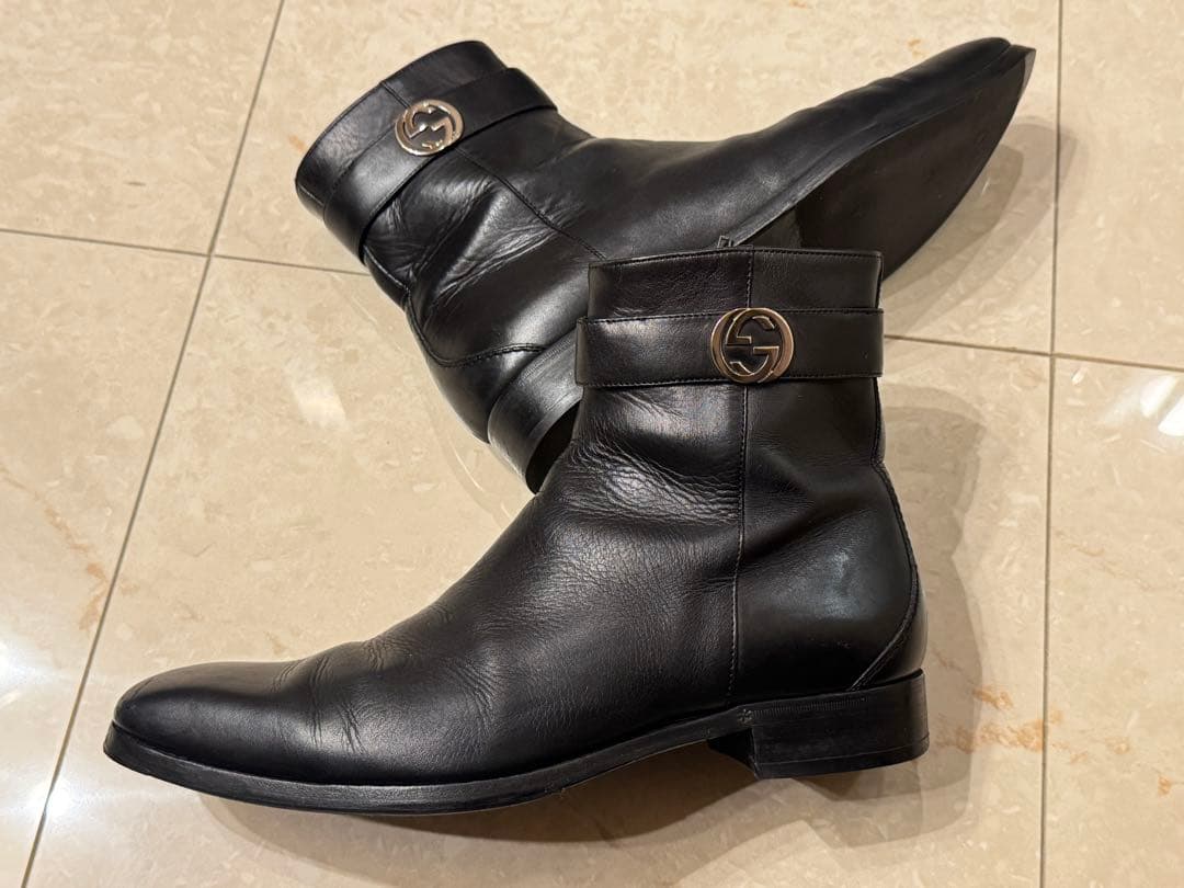 27cm GUCCI グッチ ブラックレザーブーツ メンズ イタリア製