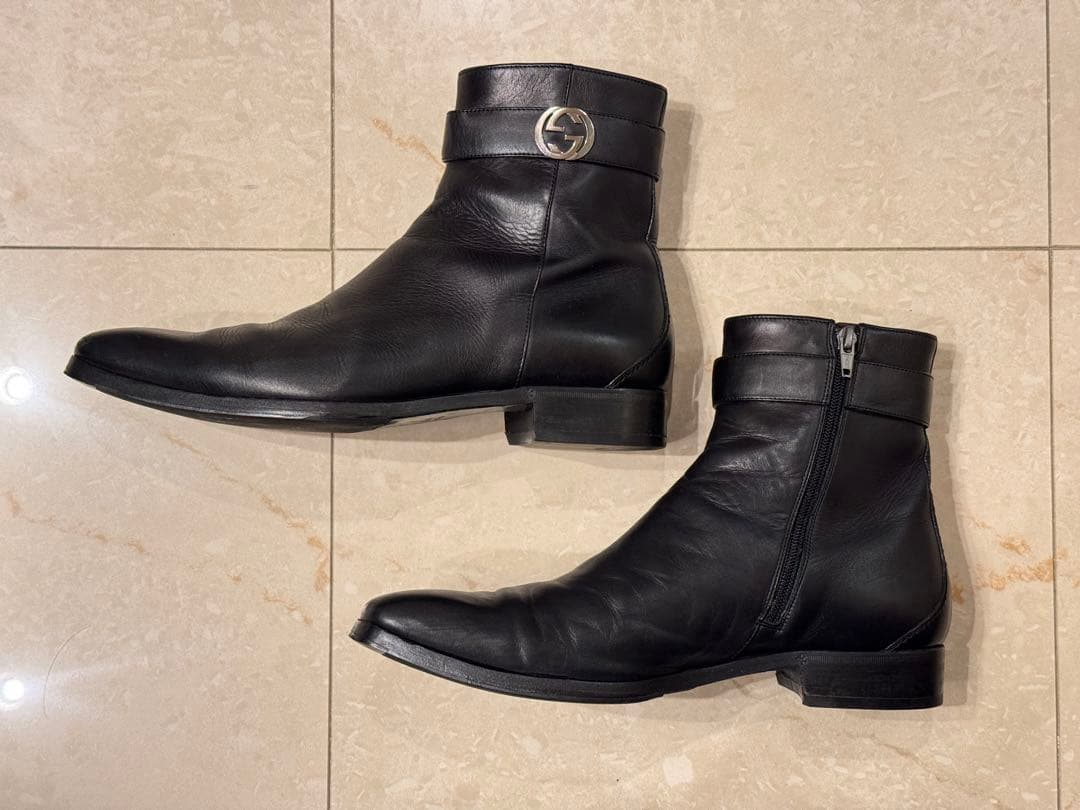 27cm GUCCI グッチ ブラックレザーブーツ メンズ イタリア製