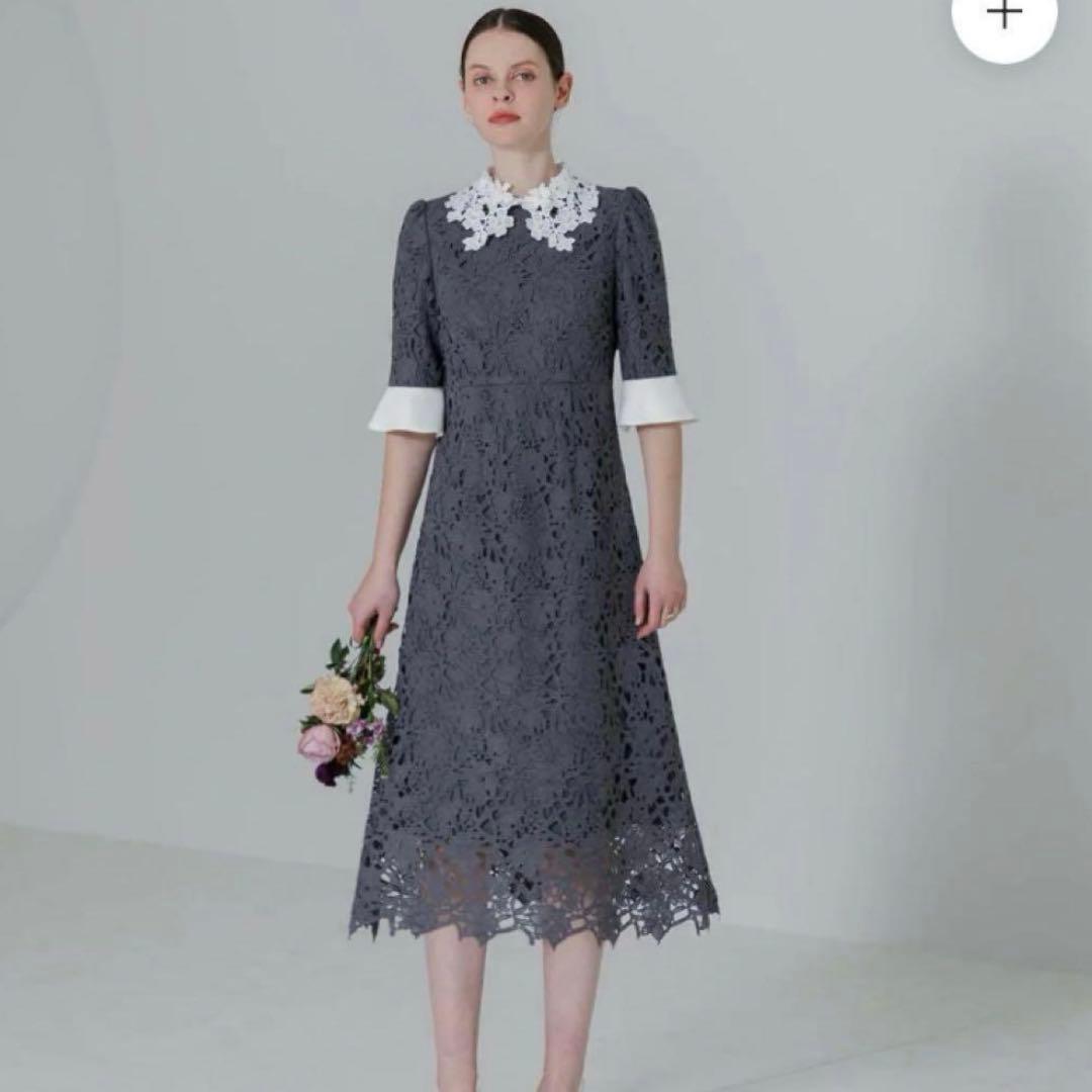 LEJA 花柄レースカラースパンコールAラインフレアドレス　ブルー　S