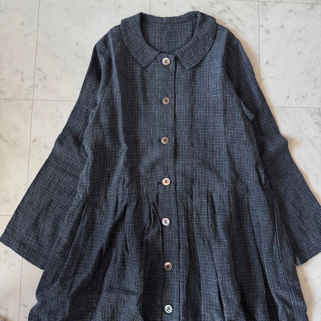 ネストローブ　洗える　リネン100 　長袖ロングシャツワンピース　襟付き