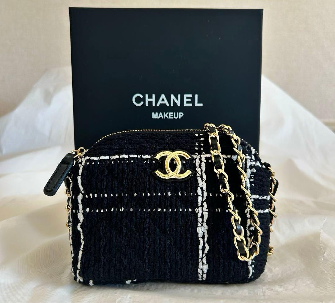 CHANELシャネル ノベルティ チェーン ショルダーバッグ ツイード ブラック
