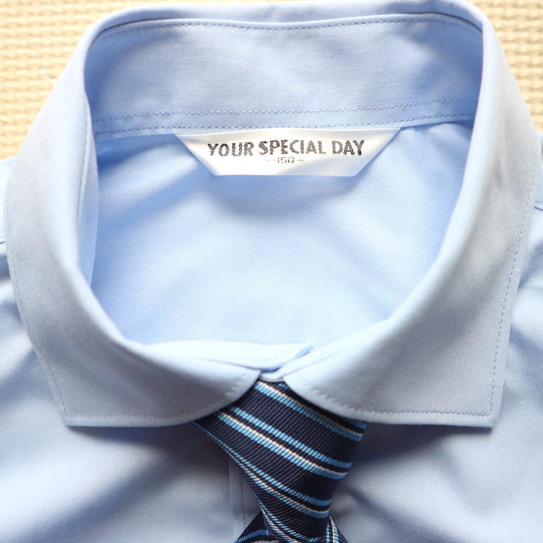 新品同様 150cm 男の子 紺セレモニースーツ上下セット 冠婚葬祭 水色シャツ