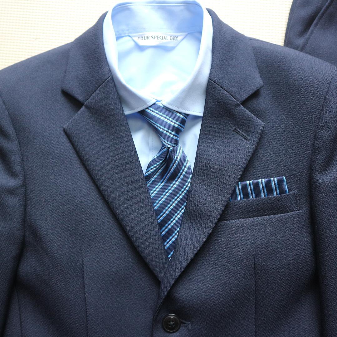 新品同様 150cm 男の子 紺セレモニースーツ上下セット 冠婚葬祭 水色シャツ