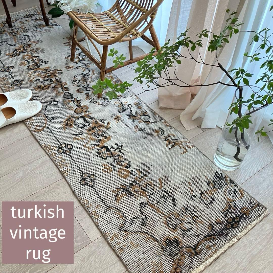 ライトグレー54×199ブラック　キャラメル　ランナー　トルコヴィンテージラグ