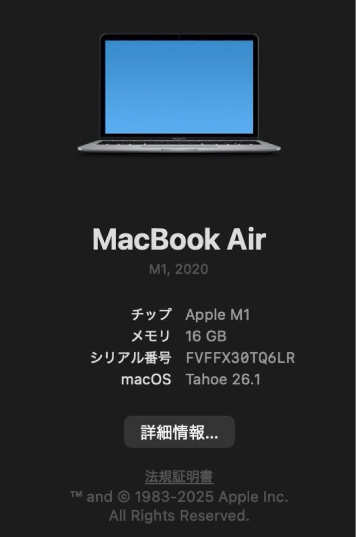 【中古】MacBookAir (M1, 2020) メモリ16GB容量256GB