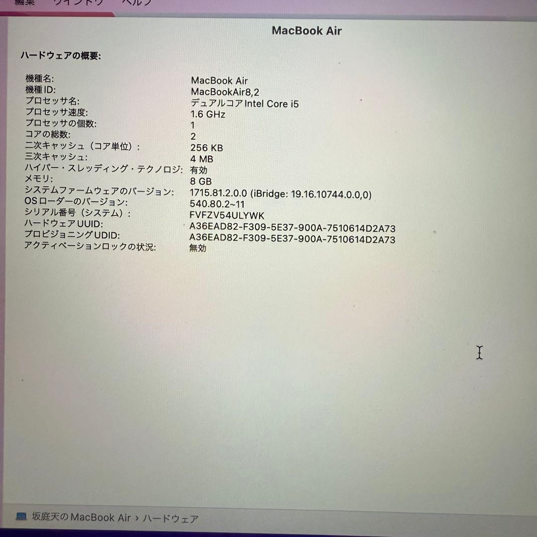 【美品】Apple MacBook Air 13インチ 8GB/256GB