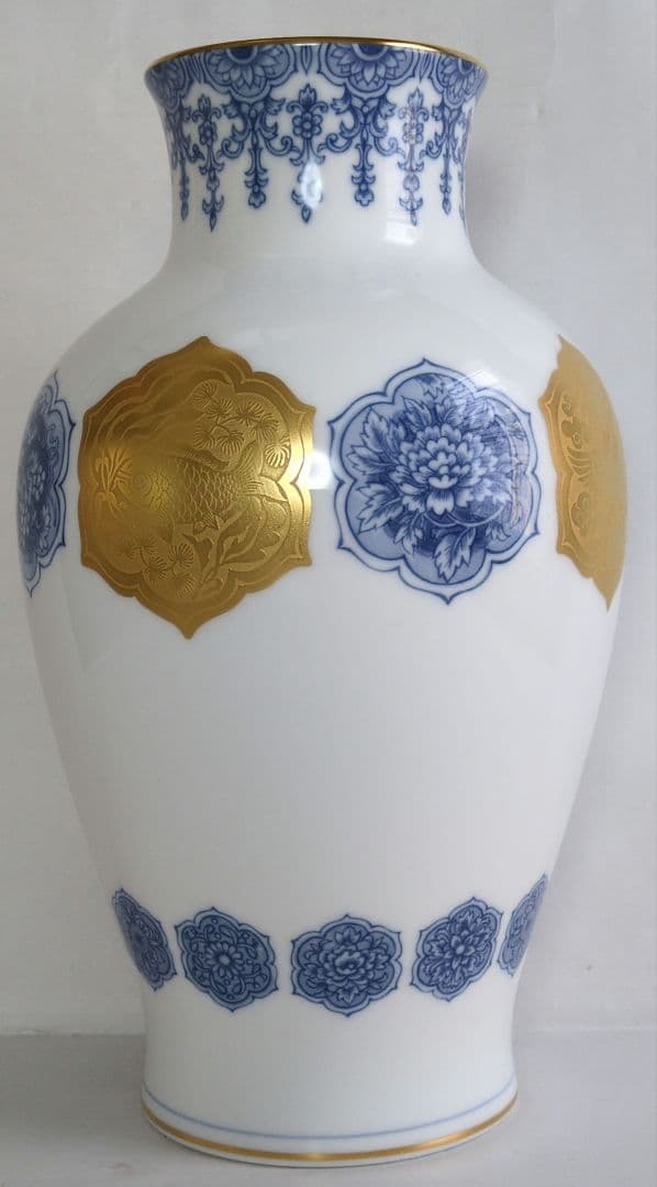 【未使用保管品】大倉陶園 OKURA 金蝕呉須 鶴鯉紋 花瓶 花生　28cm