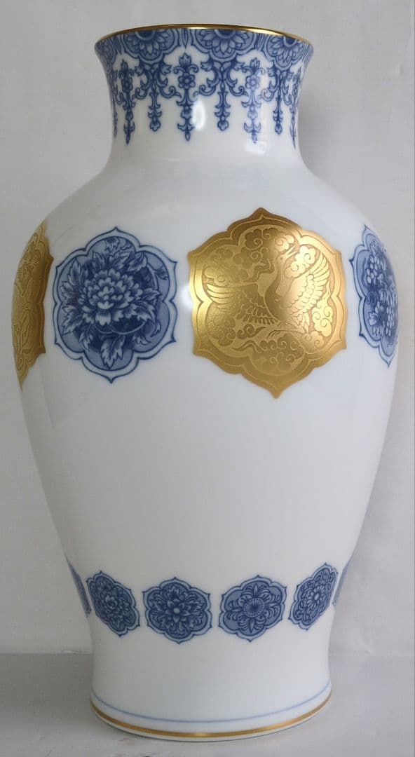 【未使用保管品】大倉陶園 OKURA 金蝕呉須 鶴鯉紋 花瓶 花生　28cm