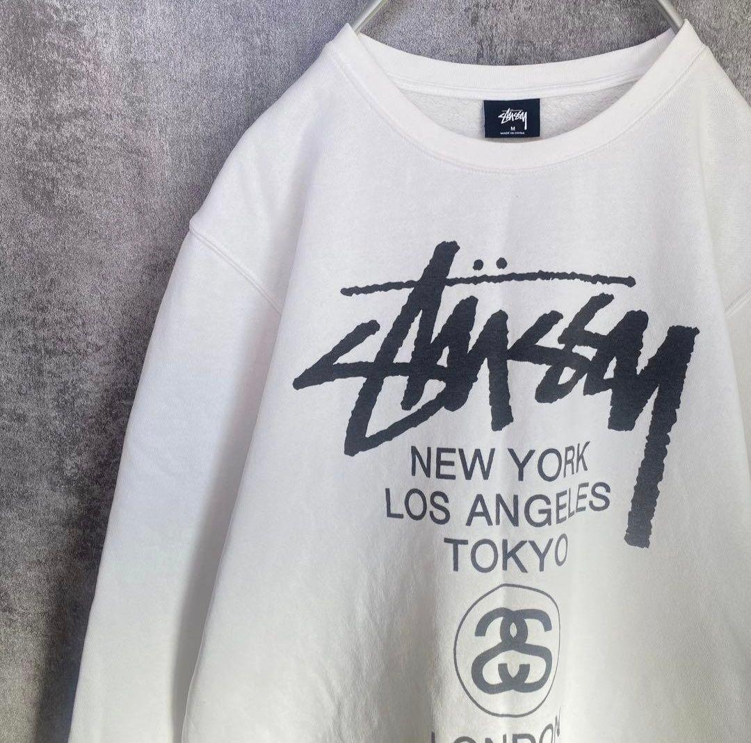 STUSSY ワールドツアー スウェット M ホワイト 定番 ゆるだぼ