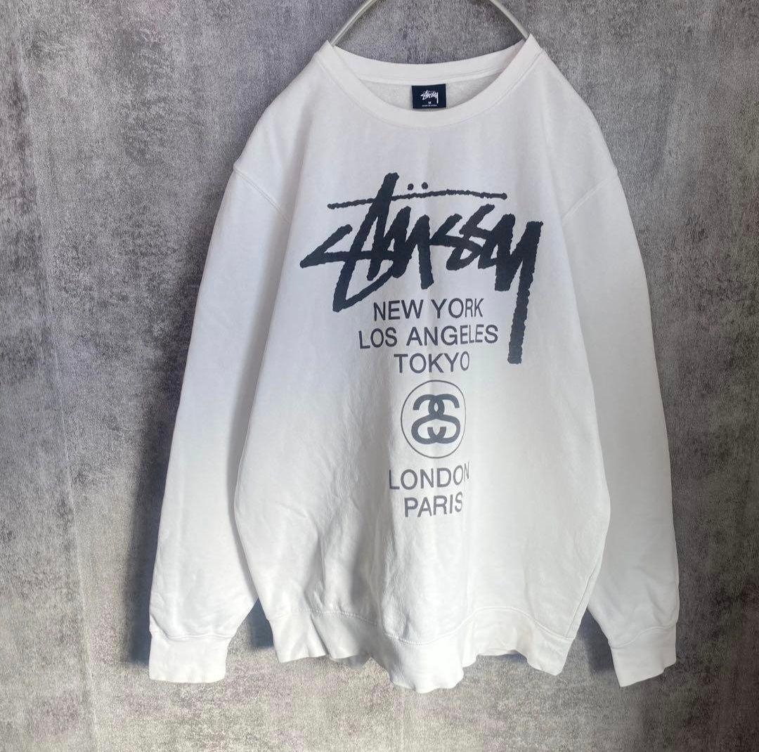 STUSSY ワールドツアー スウェット M ホワイト 定番 ゆるだぼ