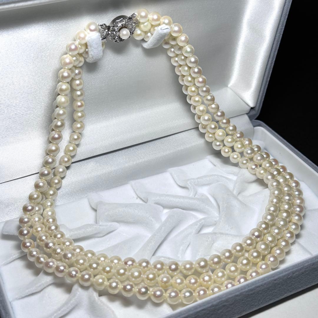 希少✨3連 アコヤ真珠 約6.0-6.5mm パールネックレス シルバー金具
