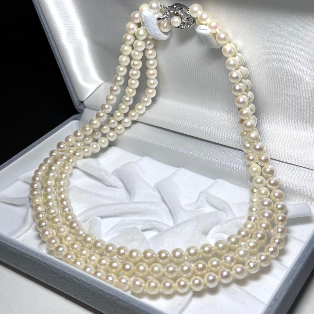 希少✨3連 アコヤ真珠 約6.0-6.5mm パールネックレス シルバー金具