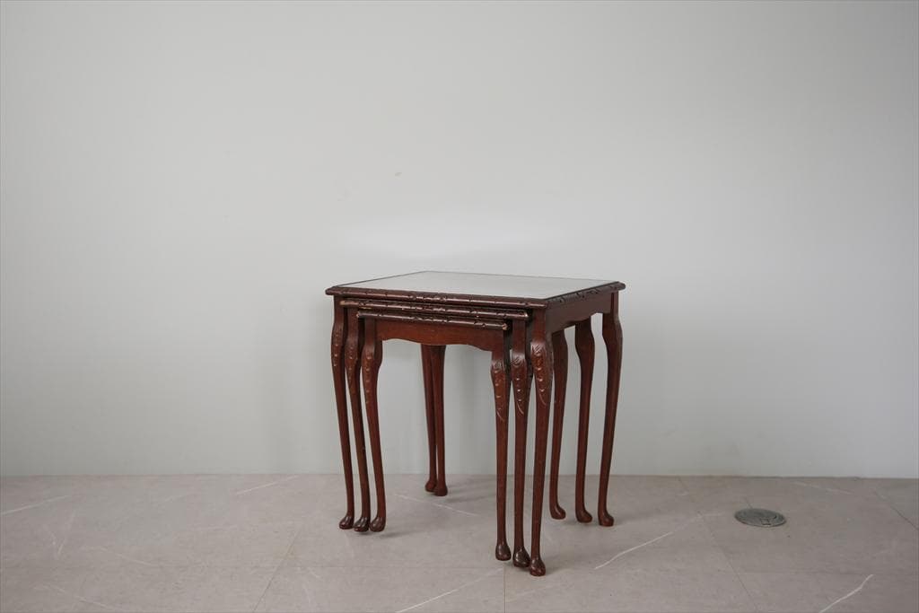 英国アンティーク猫脚ネストテーブル3台/木製机/サイドテーブル(88-83)